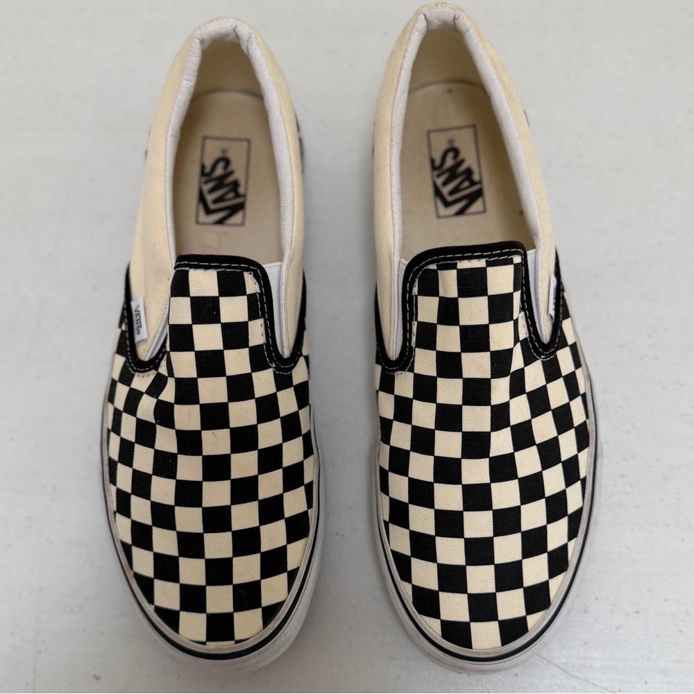 Vans Men’s Black and Cream Checkerboard Slip-Ons